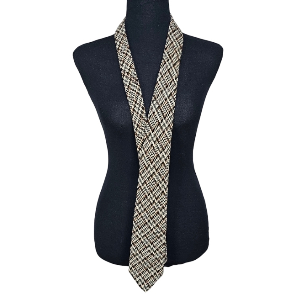 Yves Saint Laurent Designer Wool Plaid Check Brown Tan Necktie Academia